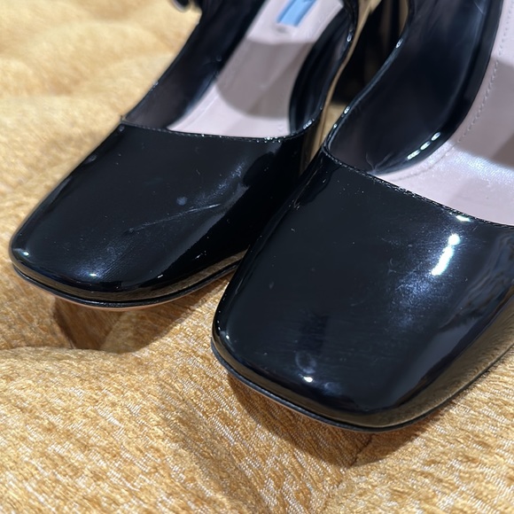 Prada Glossy Leather Block Heels with Silver Flower - Picture 11 of 11